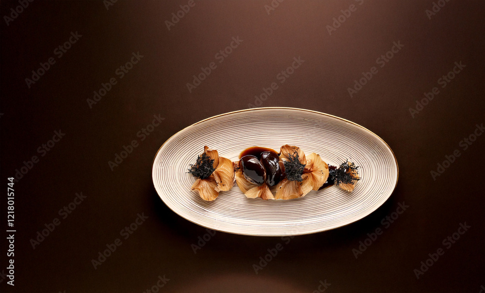 Crispy Mushroom and Black Garlic Appetizer. Generated image Crispy Mushroom and Black Garlic Appetizer. Generated image