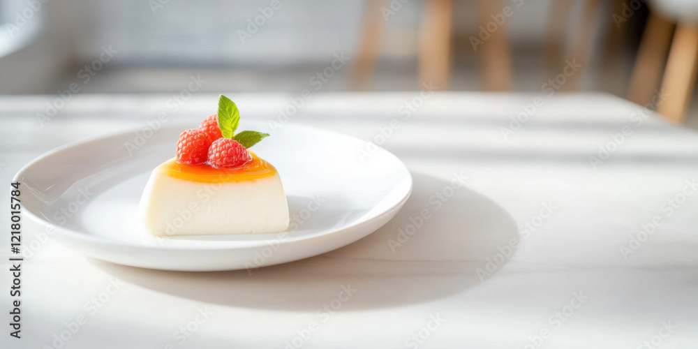 Creamy panna cotta topped with fresh raspberries and mint leaves Creamy panna cotta topped with fresh raspberries and mint leaves