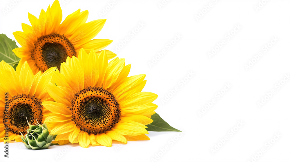Obraz premium three bright yellow sunflowers isolated on white background