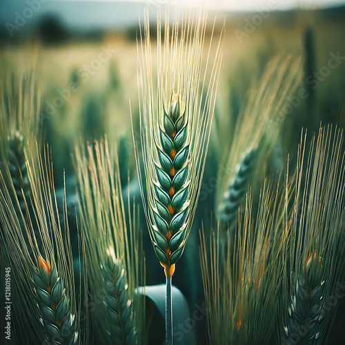 Green barley, wheat ear growing in agricultural field. Green unripe cereals. The concept of agriculture, healthy eating, organic food. Rogaska Slatina,Slovenia, South Styria.
 photo