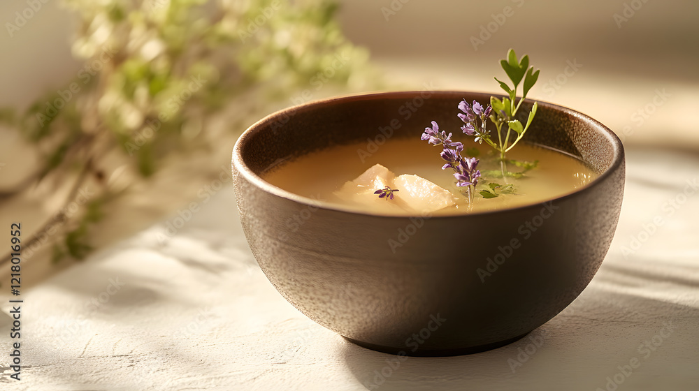 bowl of clear vegetable soup beautifully arranged with herbs and flowers, creating serene and appetizing presentation in soft natural light bowl of clear vegetable soup beautifully arranged with herbs and flowers, creating serene and appetizing presentation in soft natural light