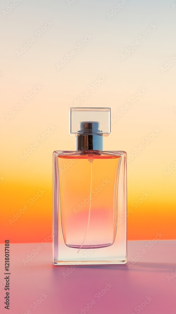 Highlight the allure of a blank transparent perfume bottle set against a dreamy gradient of sunset and dawn skies, creating a serene and captivating backdrop for elegant product mock-up photography. Highlight the allure of a blank transparent perfume bottle set against a dreamy gradient of sunset and dawn skies, creating a serene and captivating backdrop for elegant product mock-up photography.
