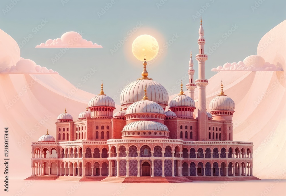 Fototapeta premium Mosque with multiple domes and minarets the design includes clouds and a sun, ramadhan background