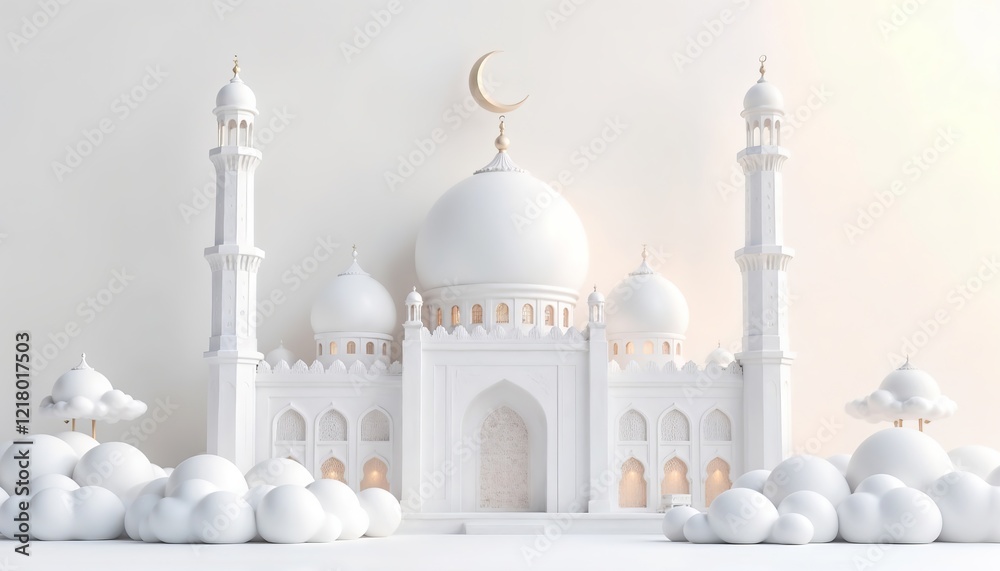 Obraz premium Stylized mosque and Islamic architectural elements in white against a soft gradient background