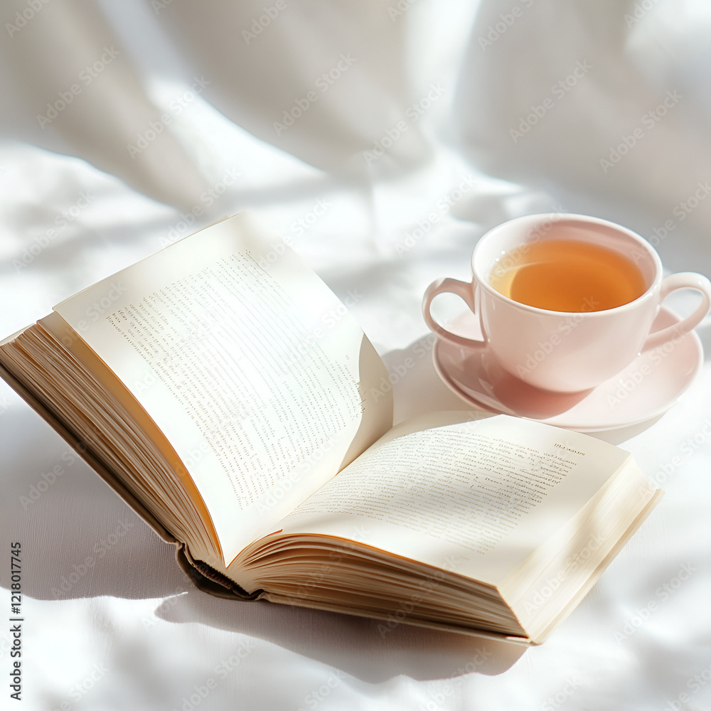 Naklejka premium Peaceful morning: a cup of tea and an open book on a soft bed, bathed in sunlight.
