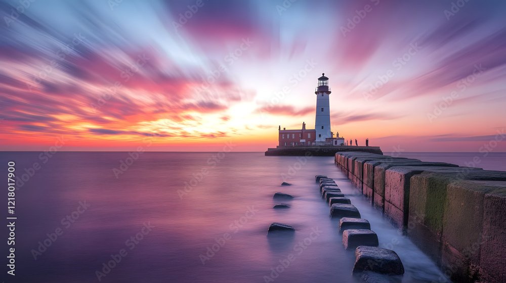 Fototapeta premium dramatic view of lighthouse standing against vibrant sunset sky, with long exposure effect creating smooth water surface and dynamic clouds