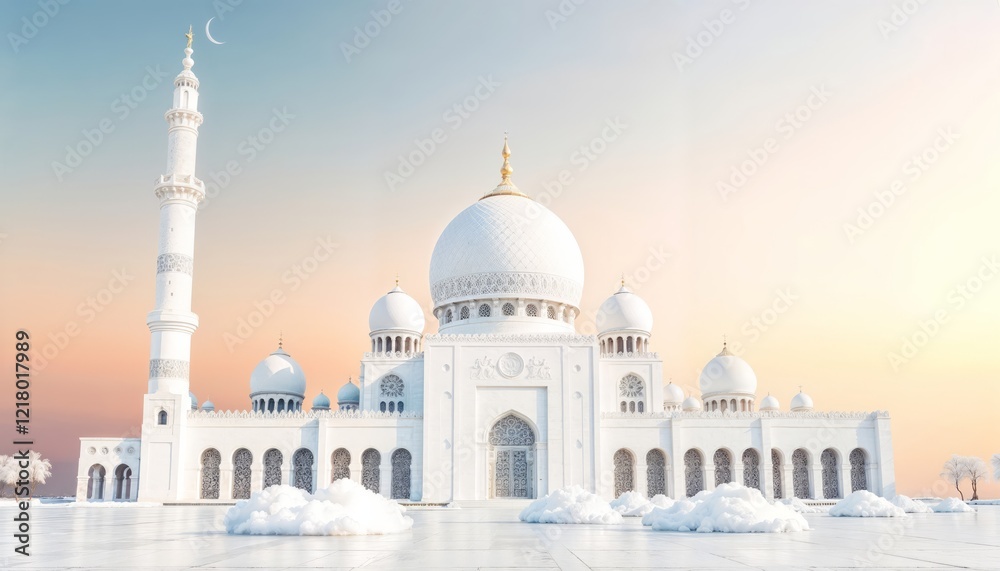 Obraz premium 3D white Mosque and Islamic architectural elements fo isra mi'raj, eid al fitr, eid al adha, eid al mubarak