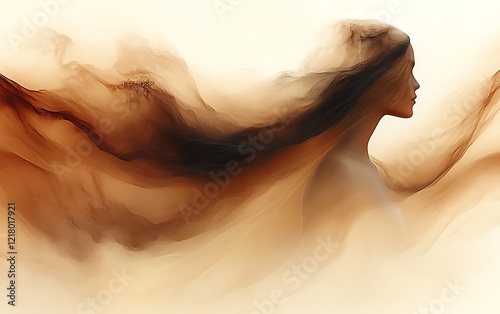 Woman's profile enveloped in flowing, brown smoke-like fabric.