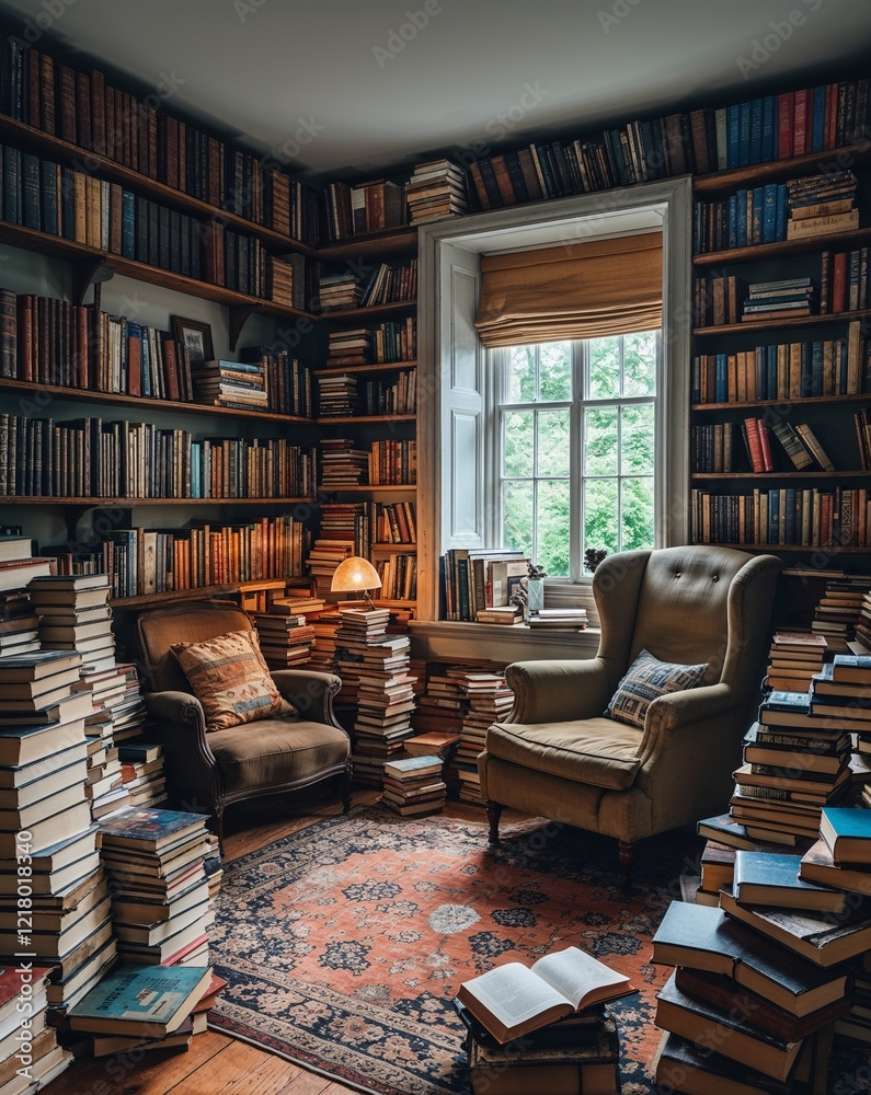 A room full of books not on shelves but in piles with a reading nook soft lighting and an old comfortable chair