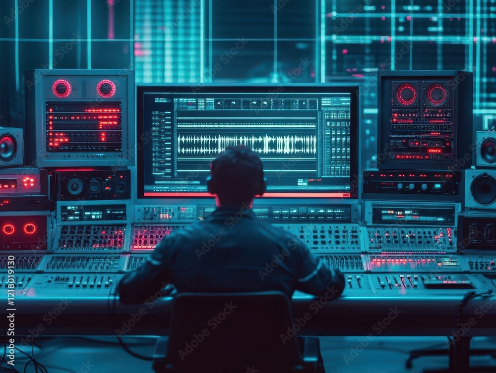 A futuristic sound engineer in a glowing sound booth, hightech equipment, modern aesthetic A futuristic sound engineer in a glowing sound booth, hightech equipment, modern aesthetic