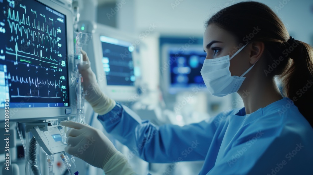 A healthcare worker wearing a face mask and gloves, adjusting a ventilator in a high-tech hospital room, with patient monitors in the background A healthcare worker wearing a face mask and gloves, adjusting a ventilator in a high-tech hospital room, with patient monitors in the background