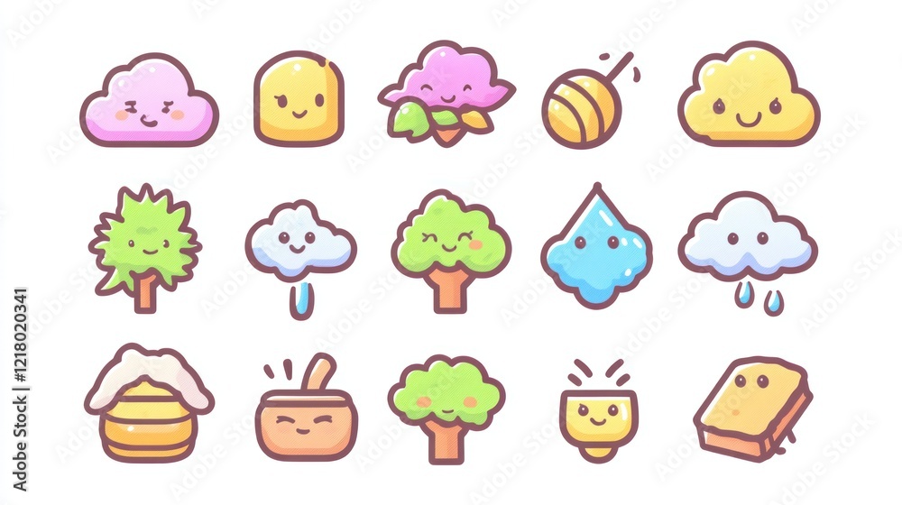 Fototapeta premium Cute Icons Set, Elements of Nature, Happy Characters, White background, Graphic design use