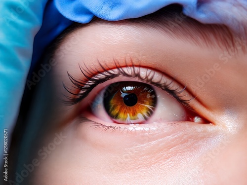 an image of a close up of a person's eye with a blue glove on. photo