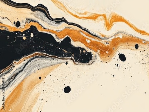 Abstract painting with flowing lines and a mix of black, white and golden brown colors photo