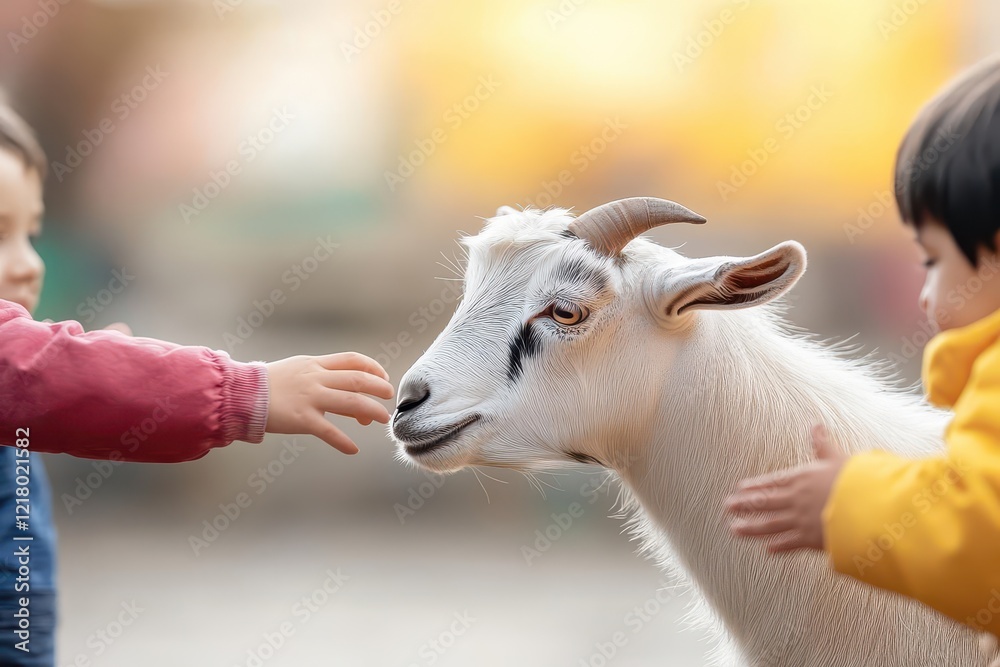 Obraz premium A goat interacting with children in a petting zoo, cheerful and lively mood