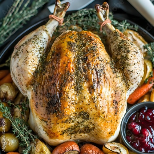 Roasted Chicken with Autumn Vegetables: A succulent, golden-brown roasted chicken sits majestically in a rustic pan, surrounded by colorful autumn vegetables like carrots, potatoes, and herbs. photo