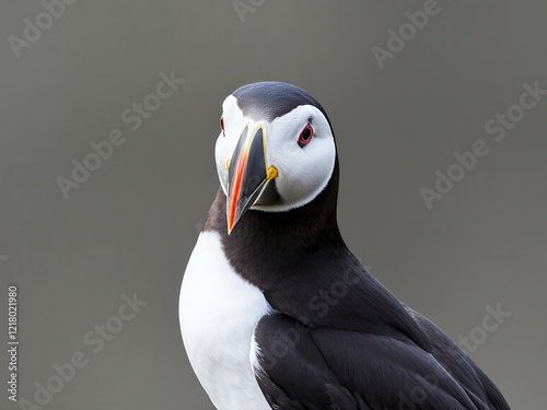 an image of a bird with a black and white face and a red beak. photo