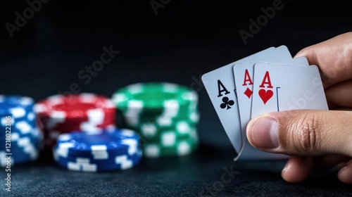 A hand holding two aces in a poker game, closeup focus, and dramatic lighting photo