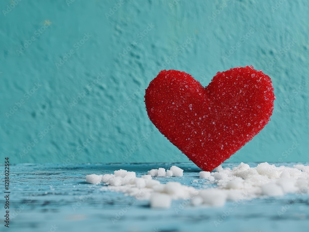 Fototapeta premium Bright Red Heart Shaped Sugar Confection on Vibrant Blue Background Creating a Playful and Whimsical Atmosphere Perfect for Sweet Celebrations