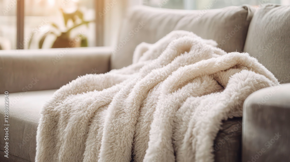 Soft, fluffy cream-colored throw blanket casually draped on a beige sofa in a sunlit living room. Soft, fluffy cream-colored throw blanket casually draped on a beige sofa in a sunlit living room.