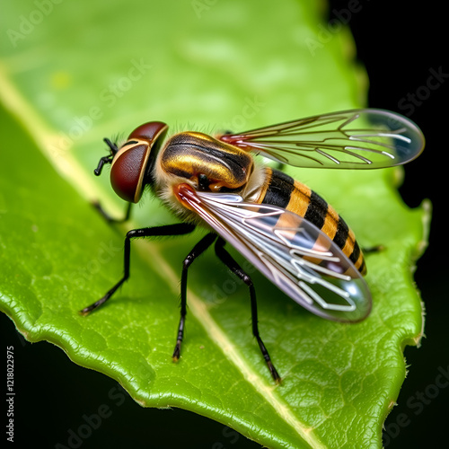 Closeup on a European hoverfly species, Epistrophe eligans sitting on a green leaf photo