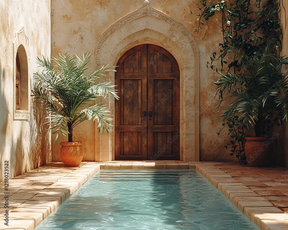 Fototapeta premium Sunlit courtyard with pool, ornate door, and plants.