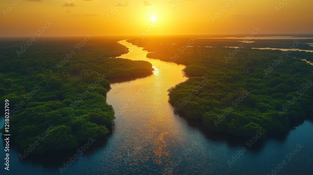 Golden sunset over a winding river surrounded by lush green forest from a high angle view Golden sunset over a winding river surrounded by lush green forest from a high angle view