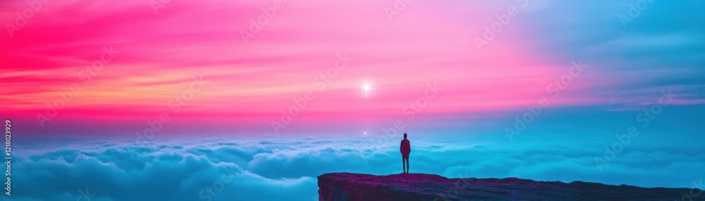 Fototapeta premium A lone person standing triumphantly on a mountain peak against a breathtaking sunset sky illuminating the horizon with vibrant hues of orange and pink