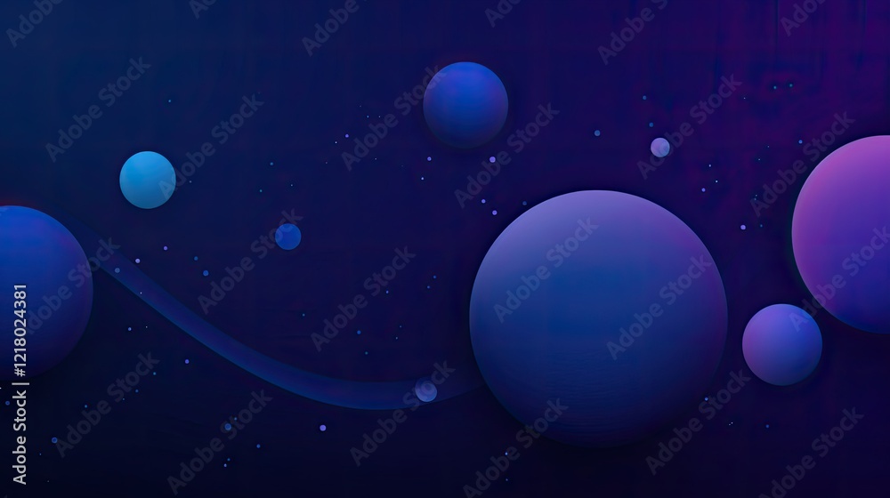 Fototapeta premium Abstract cosmic scene with spheres and gradients in a dark blue-purple background.