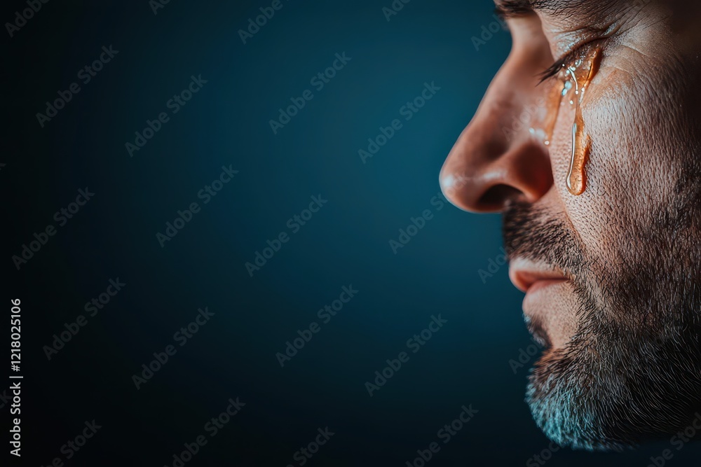 A man s face lit by soft light as tears fall down, dramatic and emotional A man s face lit by soft light as tears fall down, dramatic and emotional