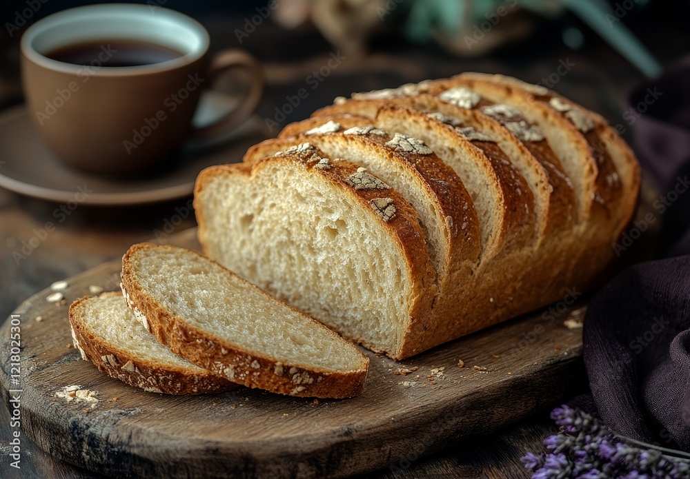Sliced oat bread loaf on wooden board with tea. Sliced oat bread loaf on wooden board with tea.