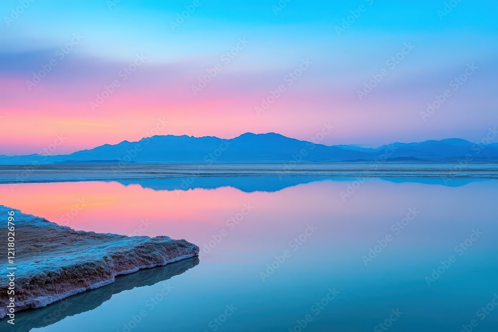 Fototapeta premium A natural salt flat reflecting a vivid sunrise, tranquil and vibrant, panoramic view