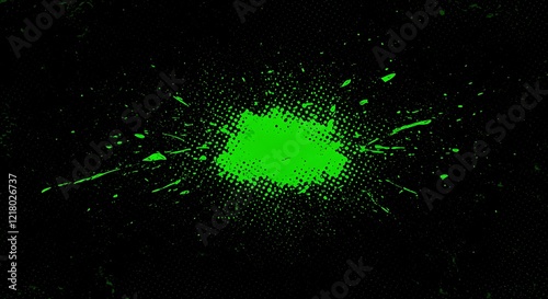  Neon halftone green splashes and dots electrify a dark background , creating a bold , high-contrast grunge aesthetic ideal for banners