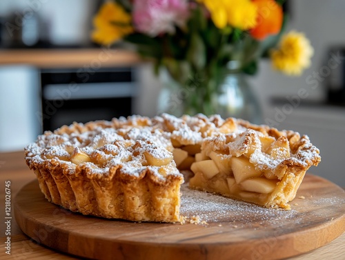 Apple pie slice, kitchen, flowers, dessert