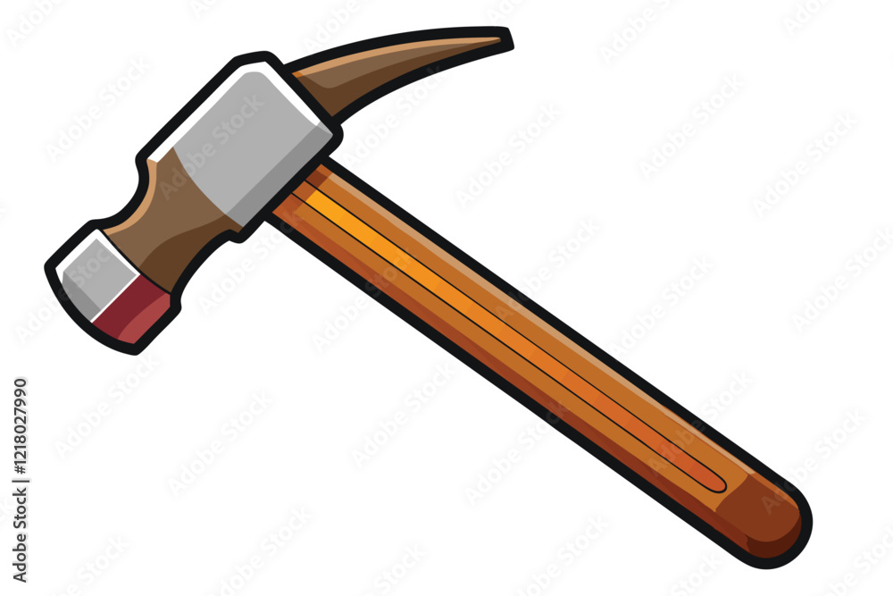 Well used hammer on isolated white background with wooden handle.