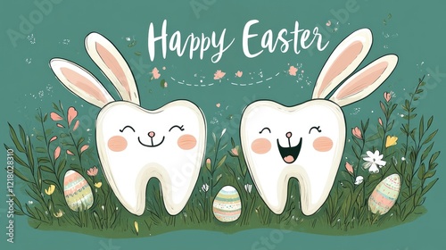 Happy easter tooth bunnies with colorful eggs in spring garden scene. Easter, Pascha, Paskha, Ostern, Pascua, Paques - Orthodox and Catholic Holiday celebration