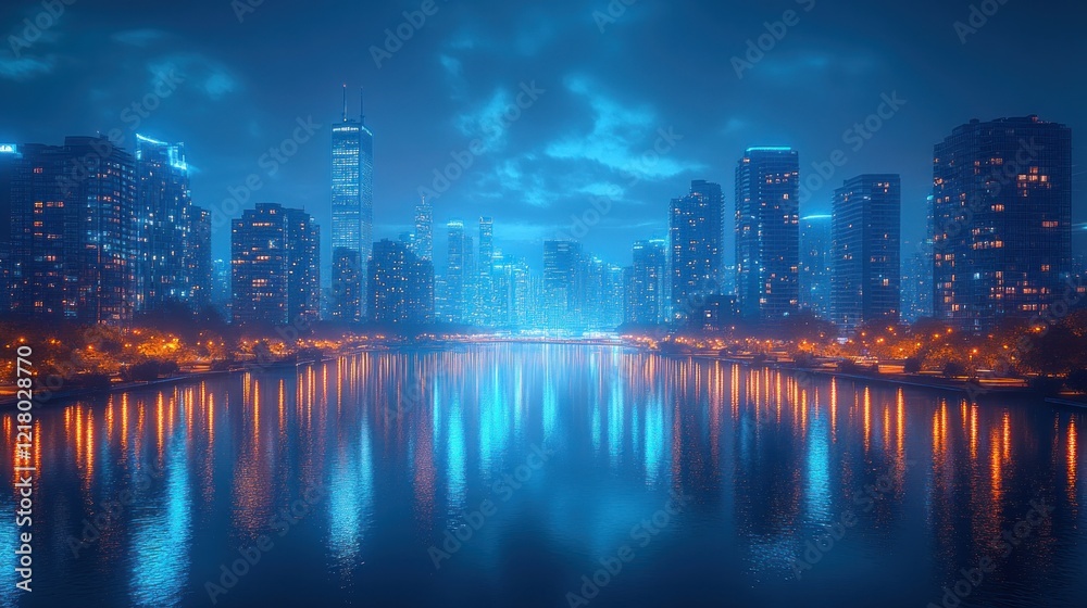 Fototapeta premium Night Cityscape Reflection: Lakefront Metropolis at Twilight