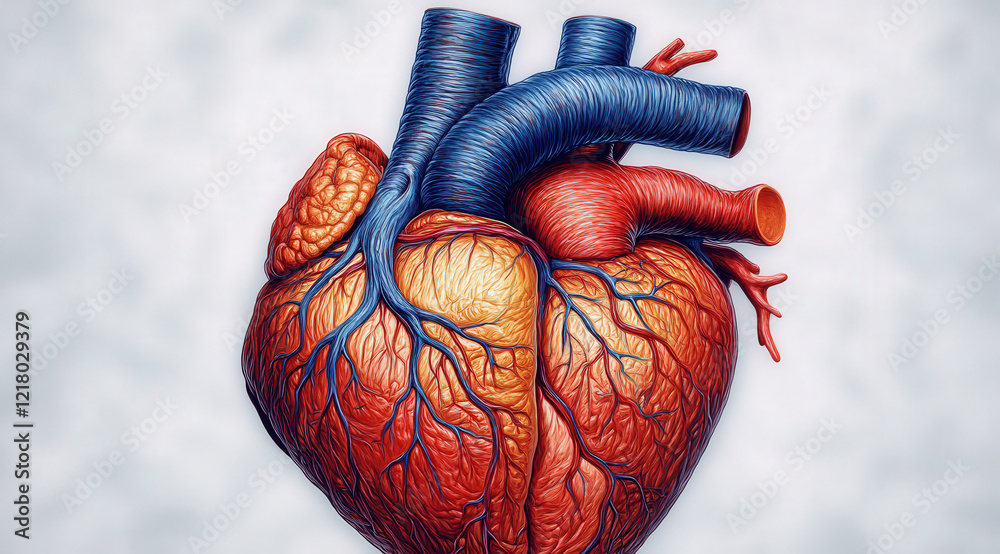 Naklejka premium A model of a human heart with red arteries and blue veins