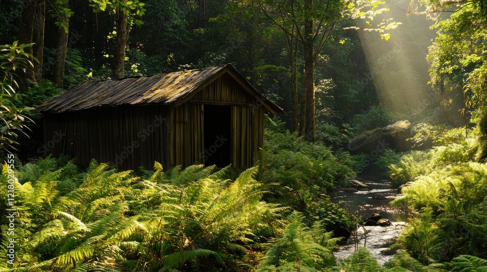 Sunlit cabin nestled in lush forest. Sunlit cabin nestled in lush forest.
