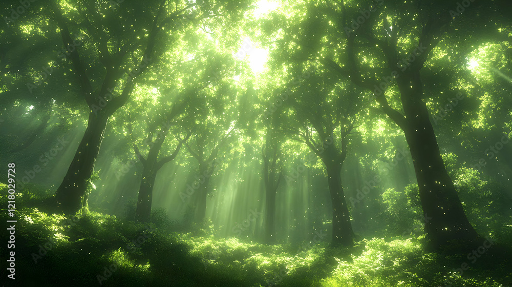 Fototapeta premium Luminous Forest: A Dreamlike Scene of Sunlight Filtering Through Lush Green Trees