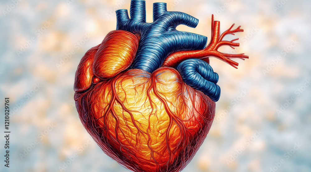 Naklejka premium A model of a human heart with red arteries and blue veins