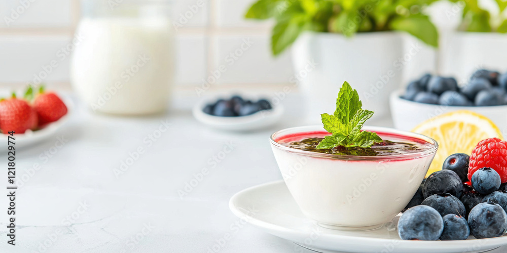 Creamy panna cotta topped with raspberry sauce and fresh mint, served with berries