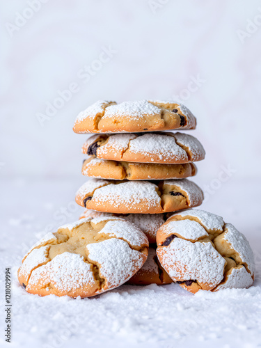 Stack of delicious cookies with a dusting of powdered sugar against a soft, snowy background. photo