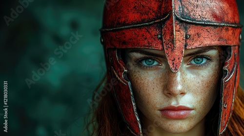 Redhead Woman Wearing Ancient Roman Helmet