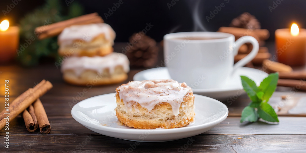 Delicious cinnamon rolls with icing, coffee, and cozy ambiance Delicious cinnamon rolls with icing, coffee, and cozy ambiance