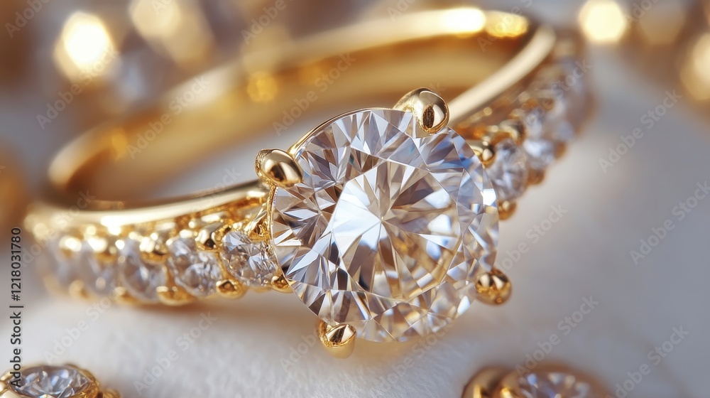 Sparkling gold ring with large diamond, and smaller diamonds adorning the band. Perfect for jewelry, luxury, or engagement themes. Sparkling gold ring with large diamond, and smaller diamonds adorning the band. Perfect for jewelry, luxury, or engagement themes.