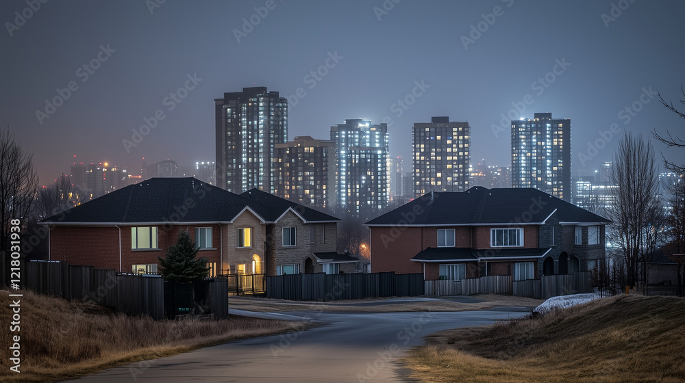 Obraz premium Darkened homes contrasting lit buildings in urban landscape, symbolizing disparity and the contrast between light and darkness in modern society.