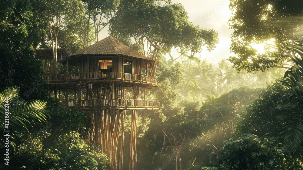 Lush jungle treehouse at sunrise. Lush jungle treehouse at sunrise.