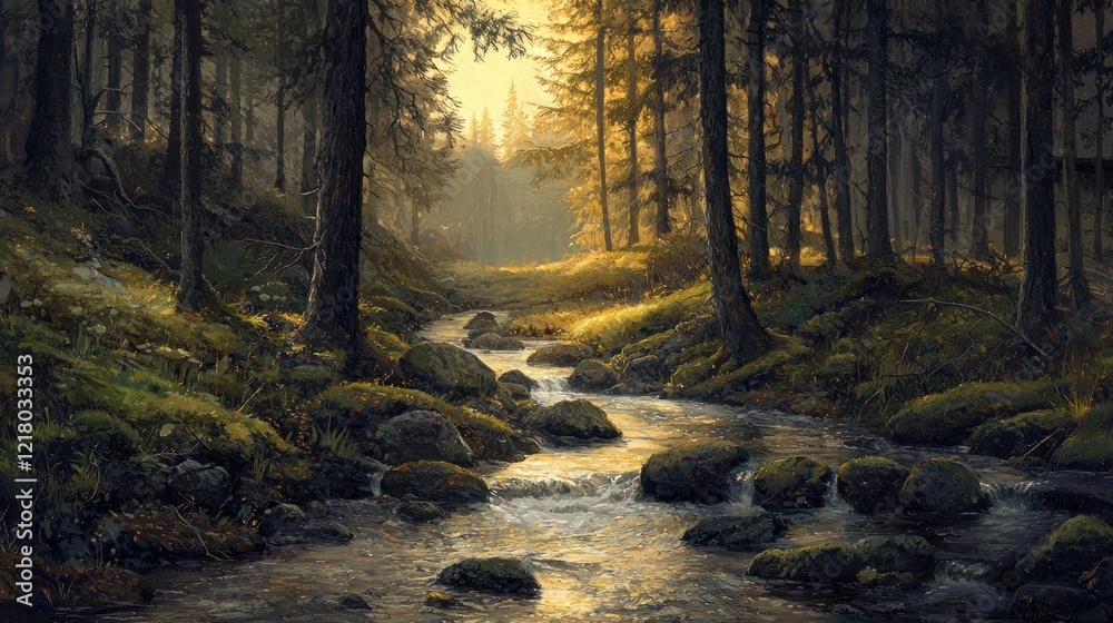 Fototapeta premium Sunlit stream flows through mossy forest.
