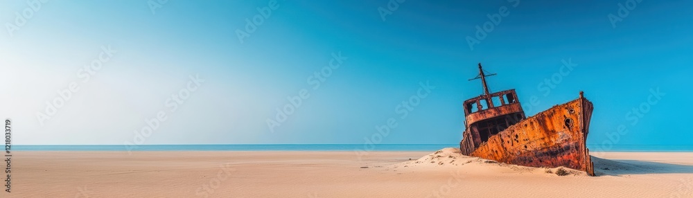 Weathered Shipwreck on Sandy Beach Surrounded by Gentle Waves and Soft Sand Evokes Nostalgia for Maritime Adventures and the Passage of Time Weathered Shipwreck on Sandy Beach Surrounded by Gentle Waves and Soft Sand Evokes Nostalgia for Maritime Adventures and the Passage of Time